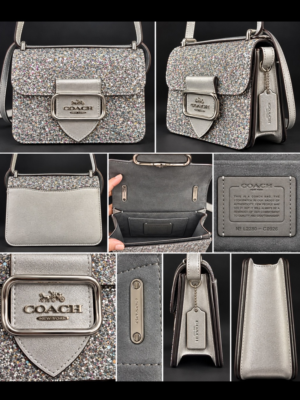 Coach Morgan Square Crossbody CO925 Silver Glitter Leather Sparkle Bag Authentic